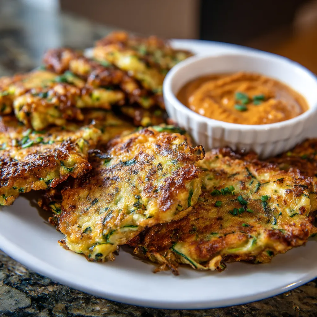 Ein weißer Teller mit Zucchini Fritters und einer Spicy Apple Dip.