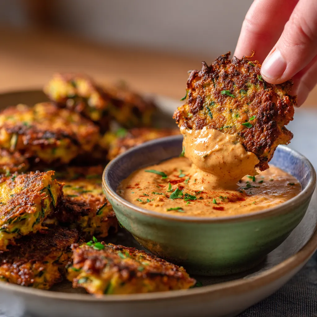 Ein Teller mit Zucchini Fritters und einer Spicy Apple Dip.
