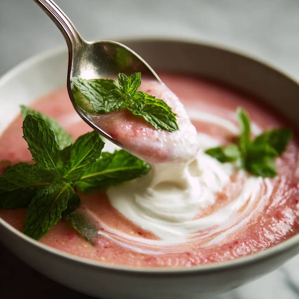Ein Glas mit einer Mischung aus Rhubarb und Elderflower-Soup, die mit einer Schmelze aus Yogurt und Mint garniert ist.