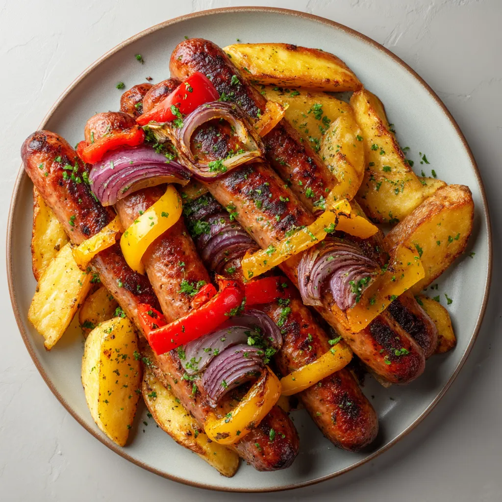 Ein Plate mit gegrillten Sausage-Streifen und gegrillten Paprika-Würfeln.