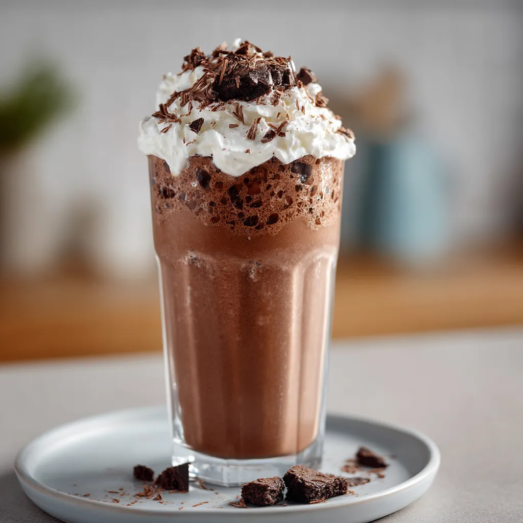 Ein Glas mit einer Brownie Milkshake, die mit Schokoladenschaumkratzern und Schokoladenglasur garniert ist.
