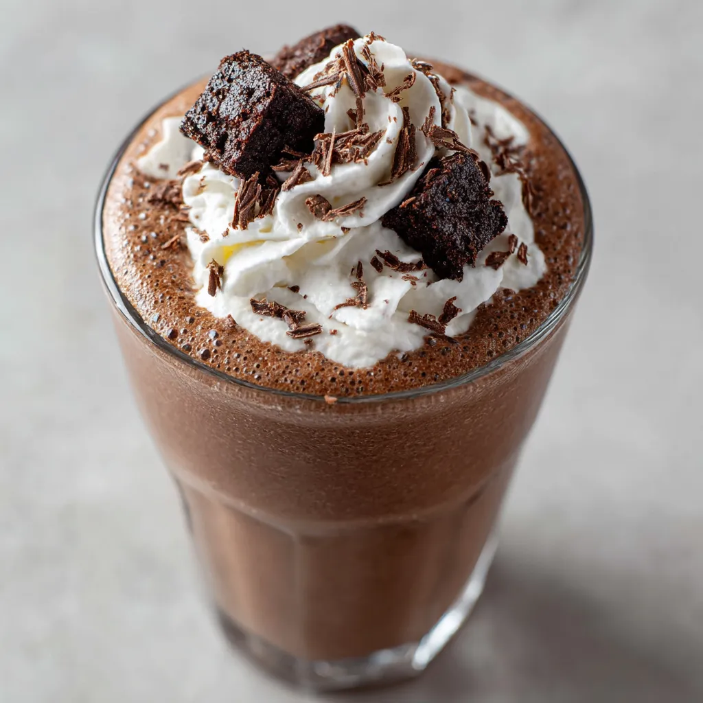 Ein Glas mit Milchshake, der mit Brownie-Streusel und -Kreuzchen garniert ist.