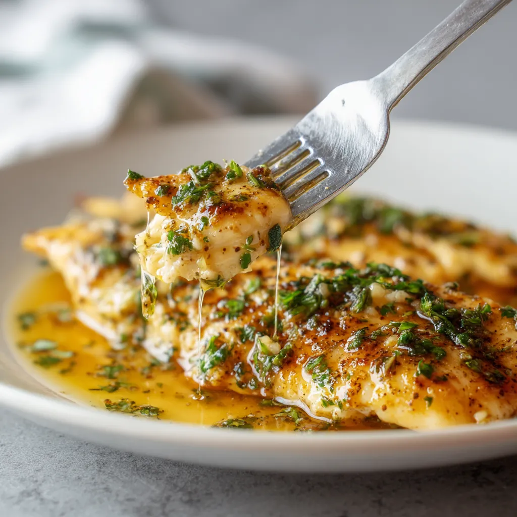 Ein weißer Teller mit Tilapia, die mit Garlic Butter und Kräutern garniert sind.