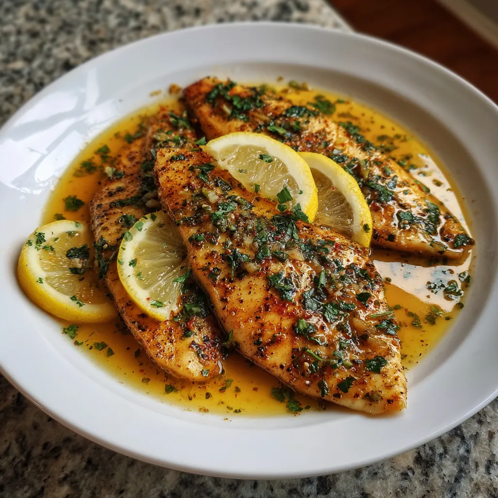 Ein weißer Teller mit Tilapia, die mit Garlic Butter und Zwiebeln garniert sind.