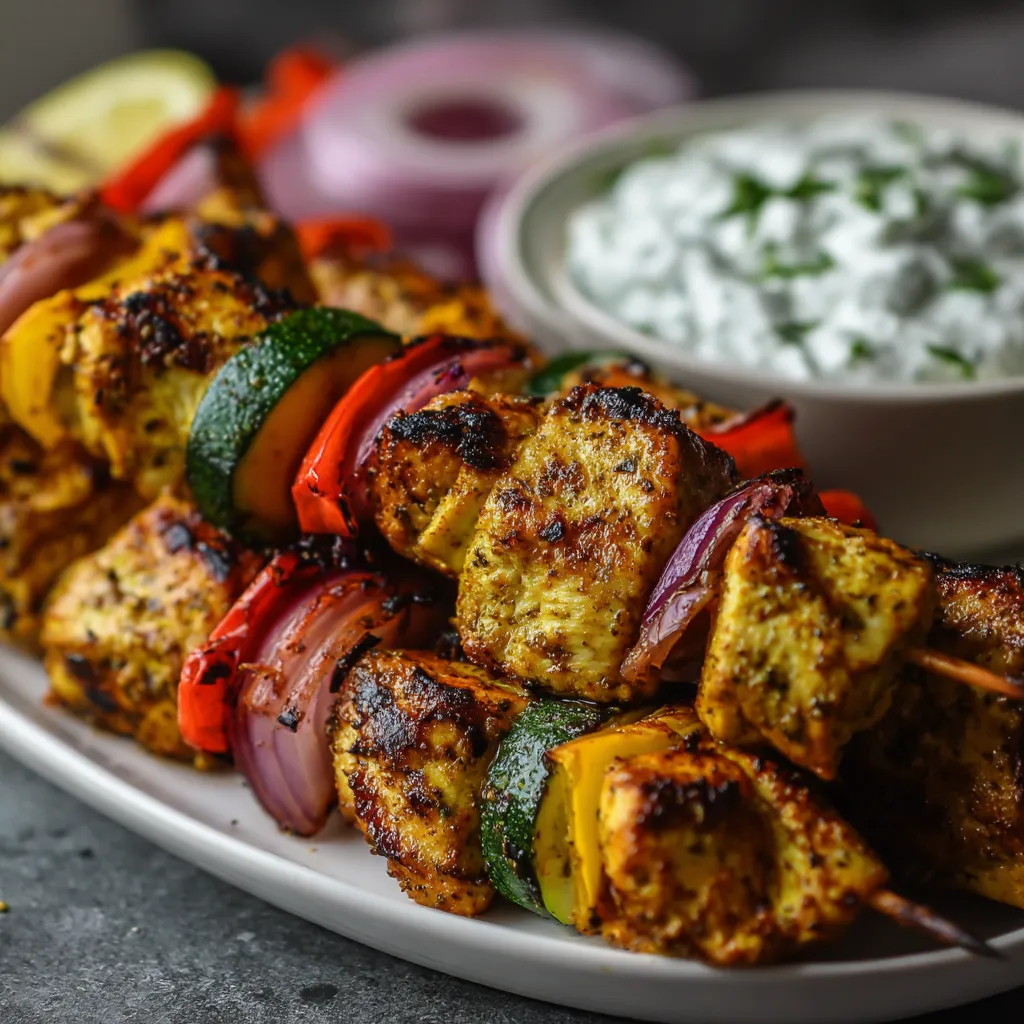 Ein weißer Teller mit griechischem Hähnchen-Souvlaki, der mit verschiedenen Zutaten wie Paprika, Zwiebeln und Knoblauch garniert ist.