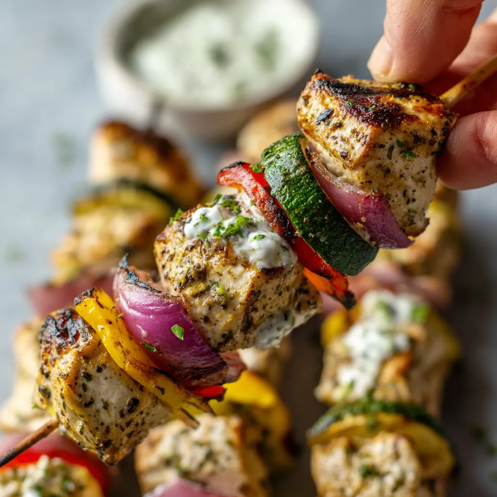 Ein Griechisches Hähnchen-Souvlaki mit Zwiebeln, Tomaten, Paprika und Koriander.