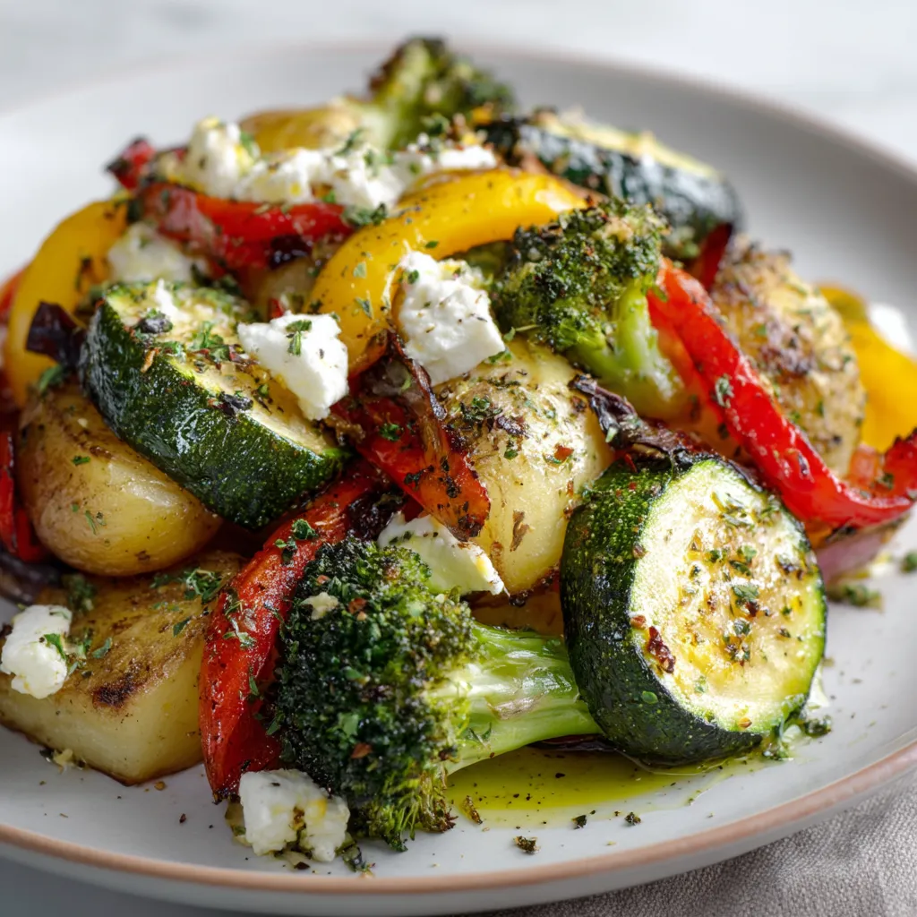 Ein Plate mit Gemüse, darunter Kartoffeln, Zucchini, Paprika und Brokkoli, garniert mit Feta-Käse.