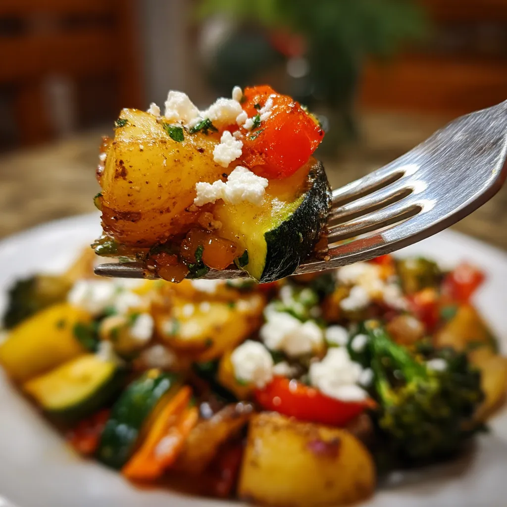 Eine Schüssel mit Gemüse, darunter Kartoffeln, Zucchini, Paprika und Brokkoli, garniert mit Feta-Käse.