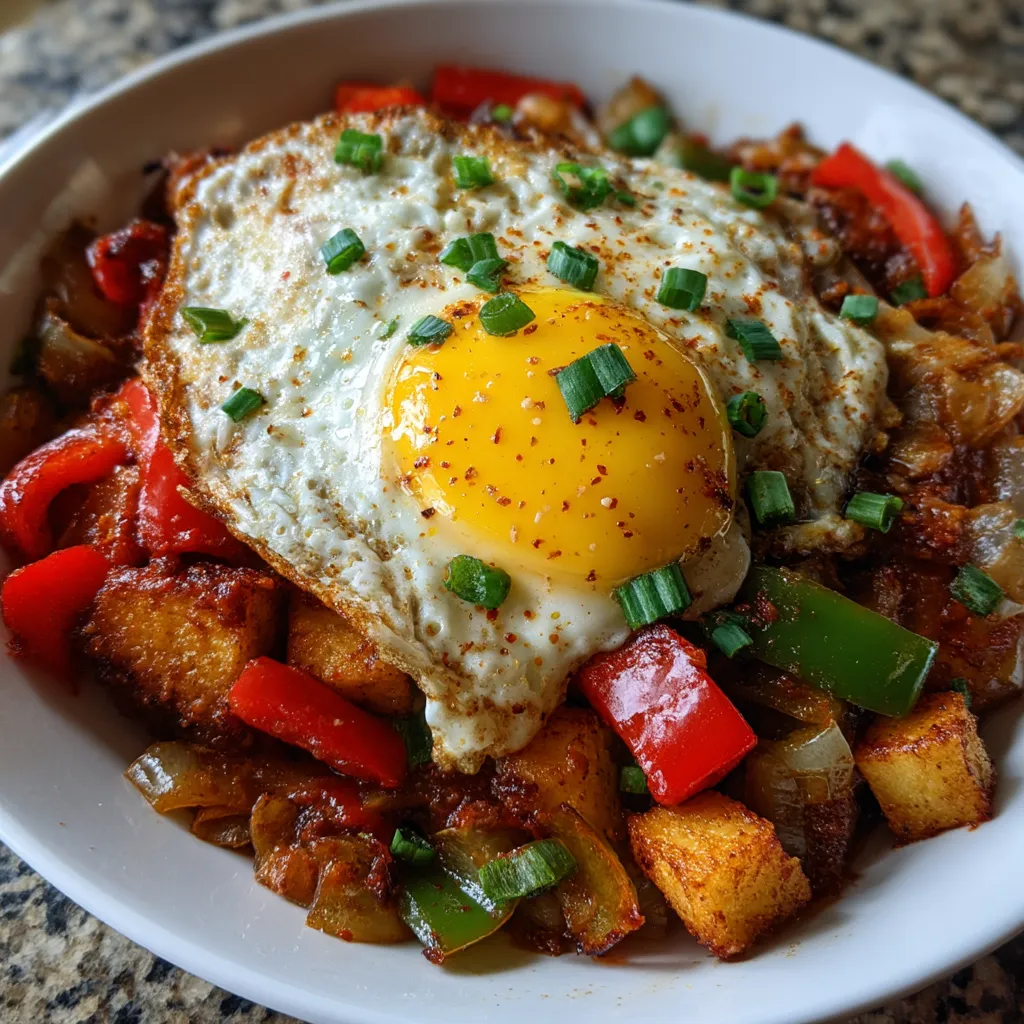 Ein weißer Teller mit Frühstücks Chili und Eiern.