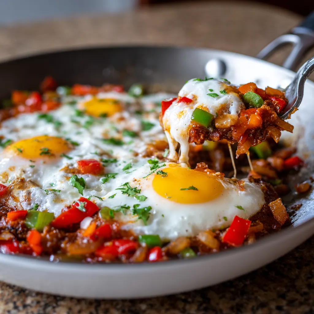 Ein Schmelztiegel mit Frühstücks Chili und Eiern.