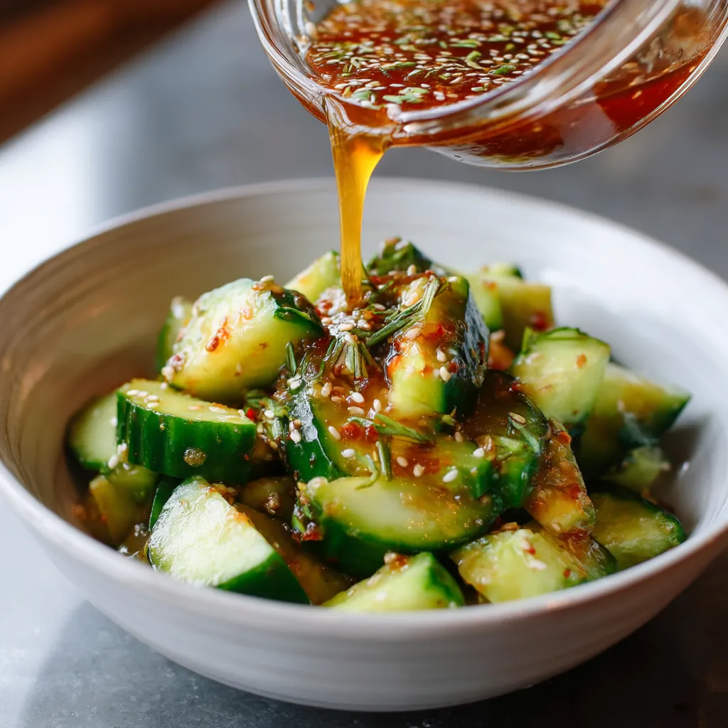 Ein Glas mit einer Salat aus Koriander und Zucchini, der mit Sesamöl beträufelt wird.