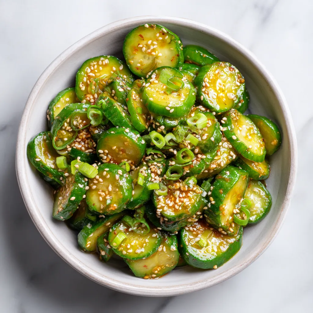 Ein weißer Teller mit einer Mischung aus grünen Zucchini, Sesam und Salz.