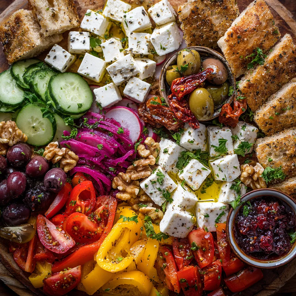 Eine Vielfalt an Lebensmitteln auf einem Brett, darunter eine Mischung aus Käse, Nüssen, Oliven, Tomaten, Zwiebeln und Cucumber.
