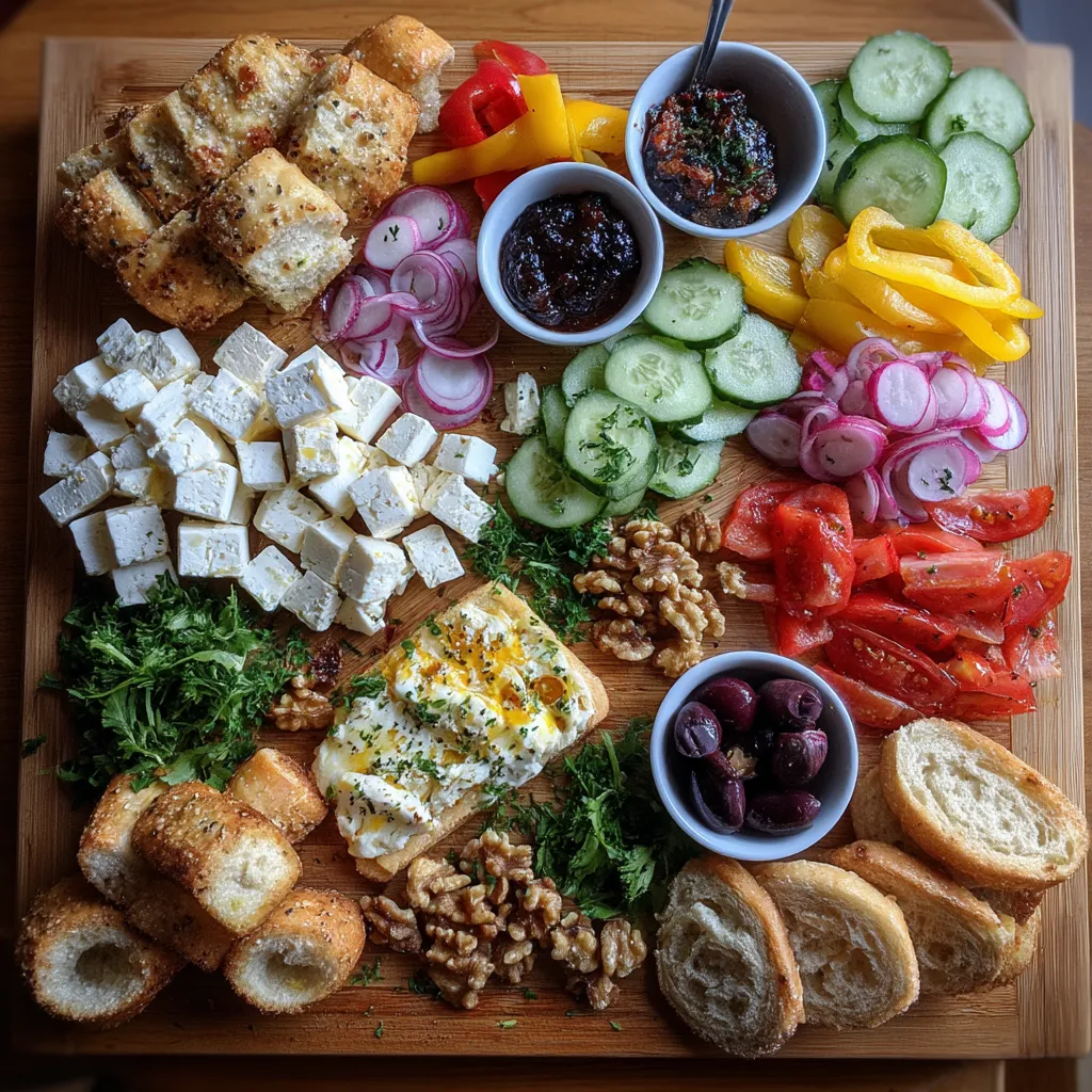 Ein Balkan-Frühstücksbrett mit einer Vielzahl von Lebensmitteln wie Nüssen, Käse, Gemüse, Salat, Tomaten, Zwiebeln, Oliven, Wein und Brot.