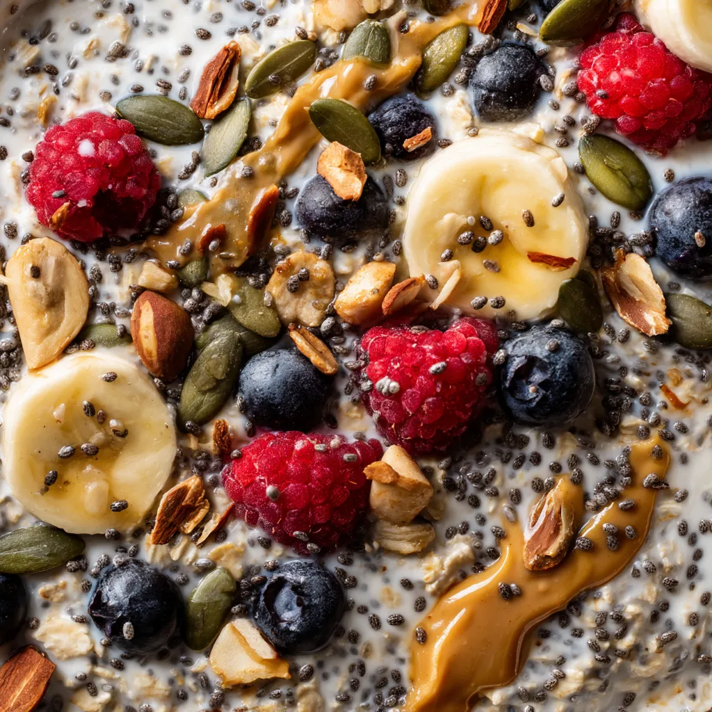 Ein Bild von einer Mischung aus Nüssen, Bananen, Raspberries, Yogurt und Granola.