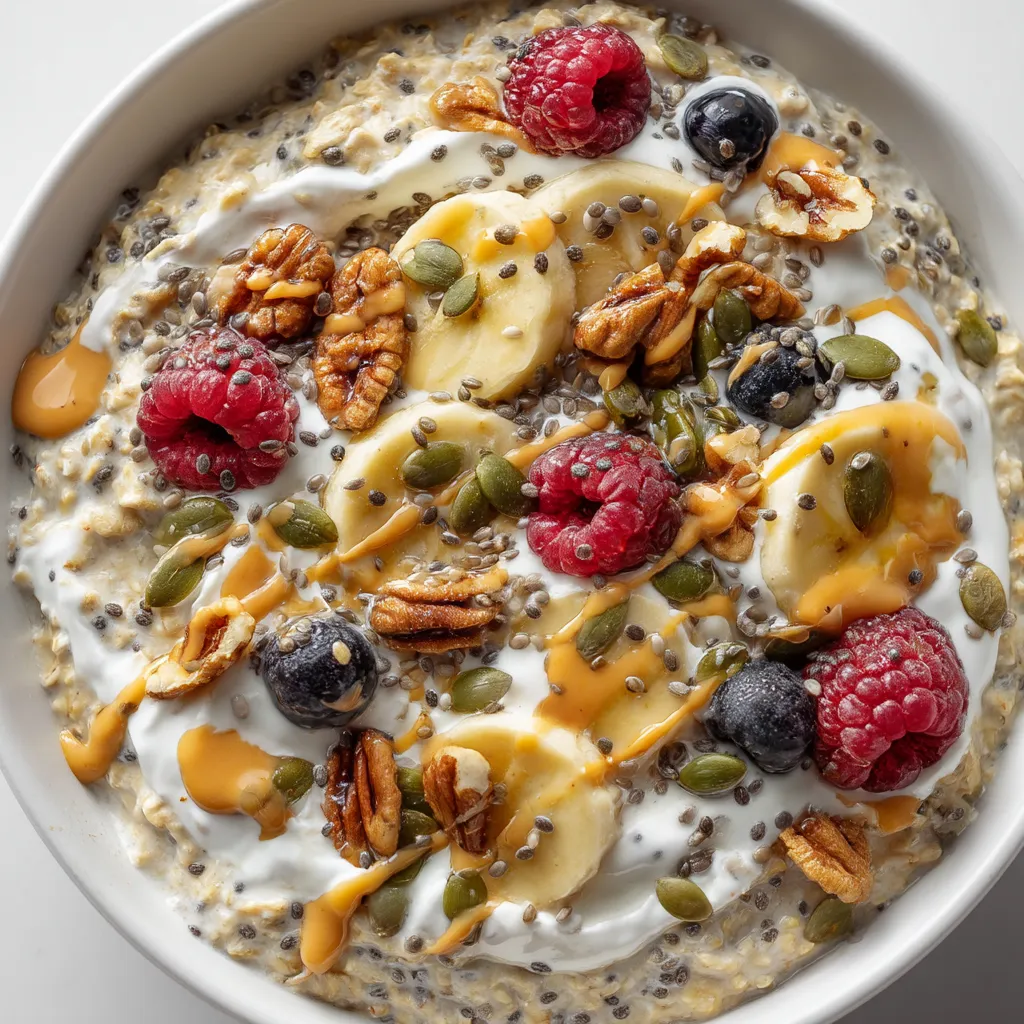 Ein weißer Becher mit frisch zubereiteten Overnight Oats, die mit Nüssen, Bananen, Raspberries und Yogurt zubereitet wurden.
