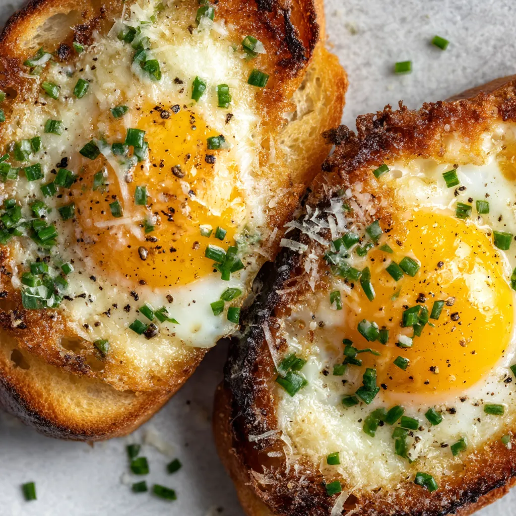 Zwei Toast mit Eiern und Kräutern auf einem Teller.