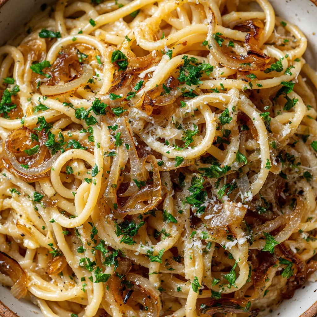Eine Schüssel mit Pasta, die mit Karamellisierten Zwiebeln und Parmesan garniert ist.