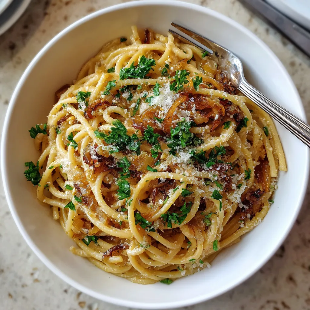 Ein weißer Teller mit Pasta, die mit Karamellisierten Zwiebeln und Parmesan garniert ist.
