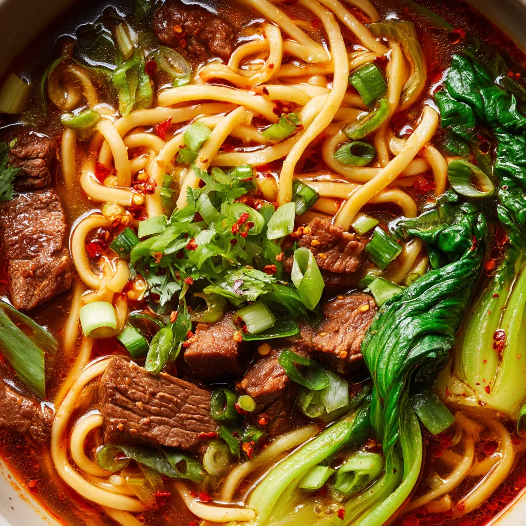 Ein Bild von einer Schüssel mit Hand-Pulled Noodles façon Wen Cheng, die mit Fleisch und Zwiebeln garniert sind.