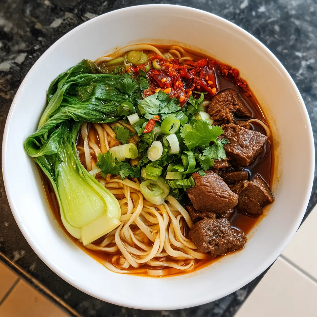 Ein weißer Teller mit einer Mischung aus Fleisch, Zwiebeln und Noodles.
