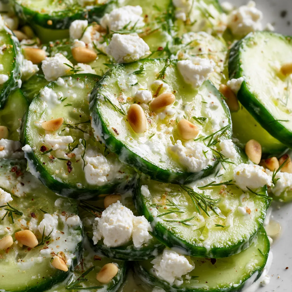 Ein Bild von einer Salatplatte, die mit grünen Zucchini, Yogurt und Feta garniert ist.