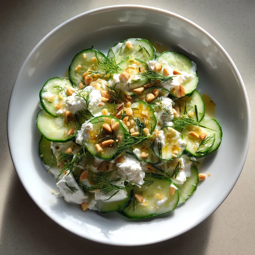 Ein weißer Teller mit einer Salat aus Zucchini, Yogurt und Feta.