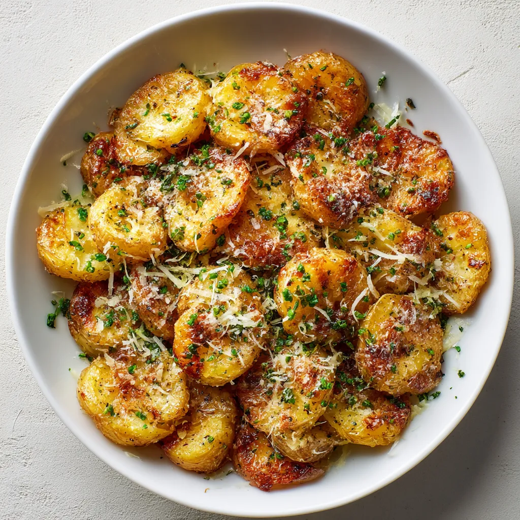 Ein weißer Teller mit frisch zubereiteten Kartoffeln, die mit Käse und Krusten garniert sind.