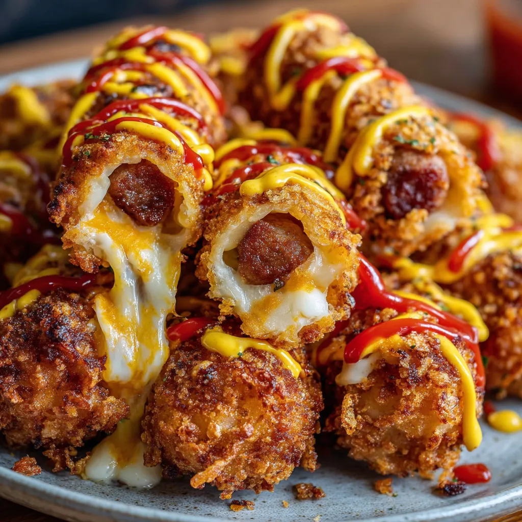 Eine Platte mit koreanischen Kartoffelhühnchen, die mit Ketchup und Mayonnaise garniert sind.