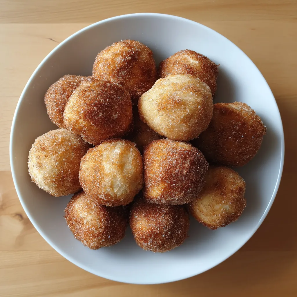 Ein weißer Teller mit Quarkbällchen, die in einem Airfryer zubereitet wurden.