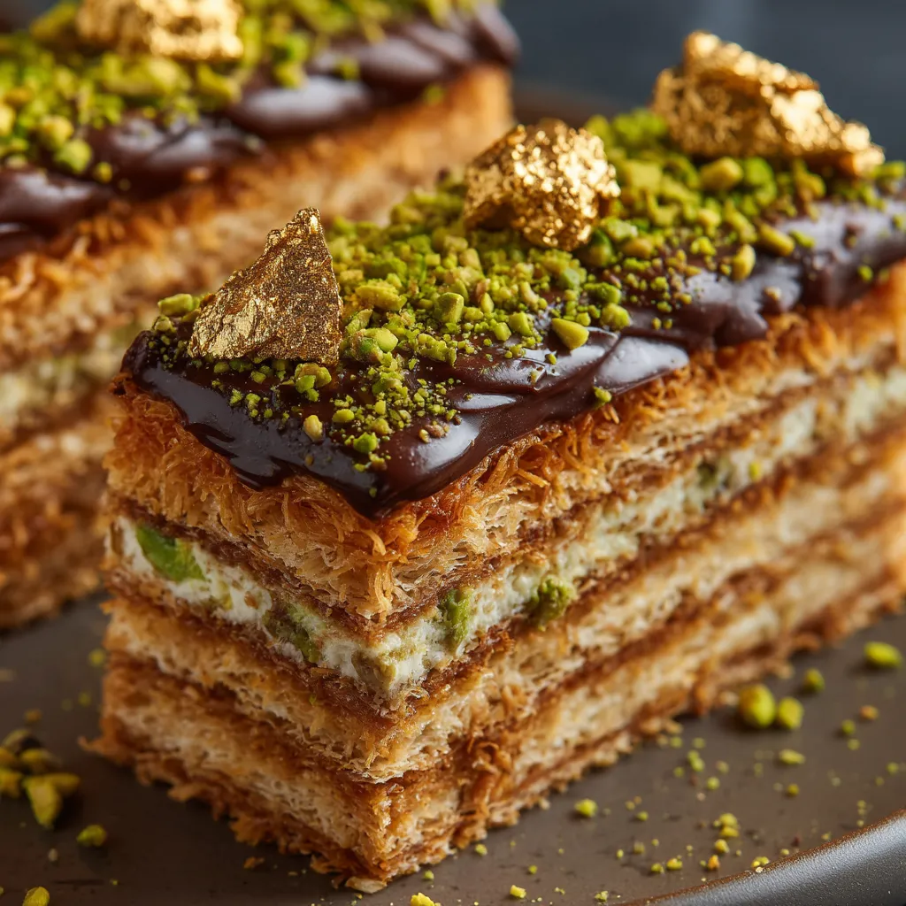 Ein Dubai-Stil Pistachio & Kadaifi Chocolate Cake auf einem Teller.