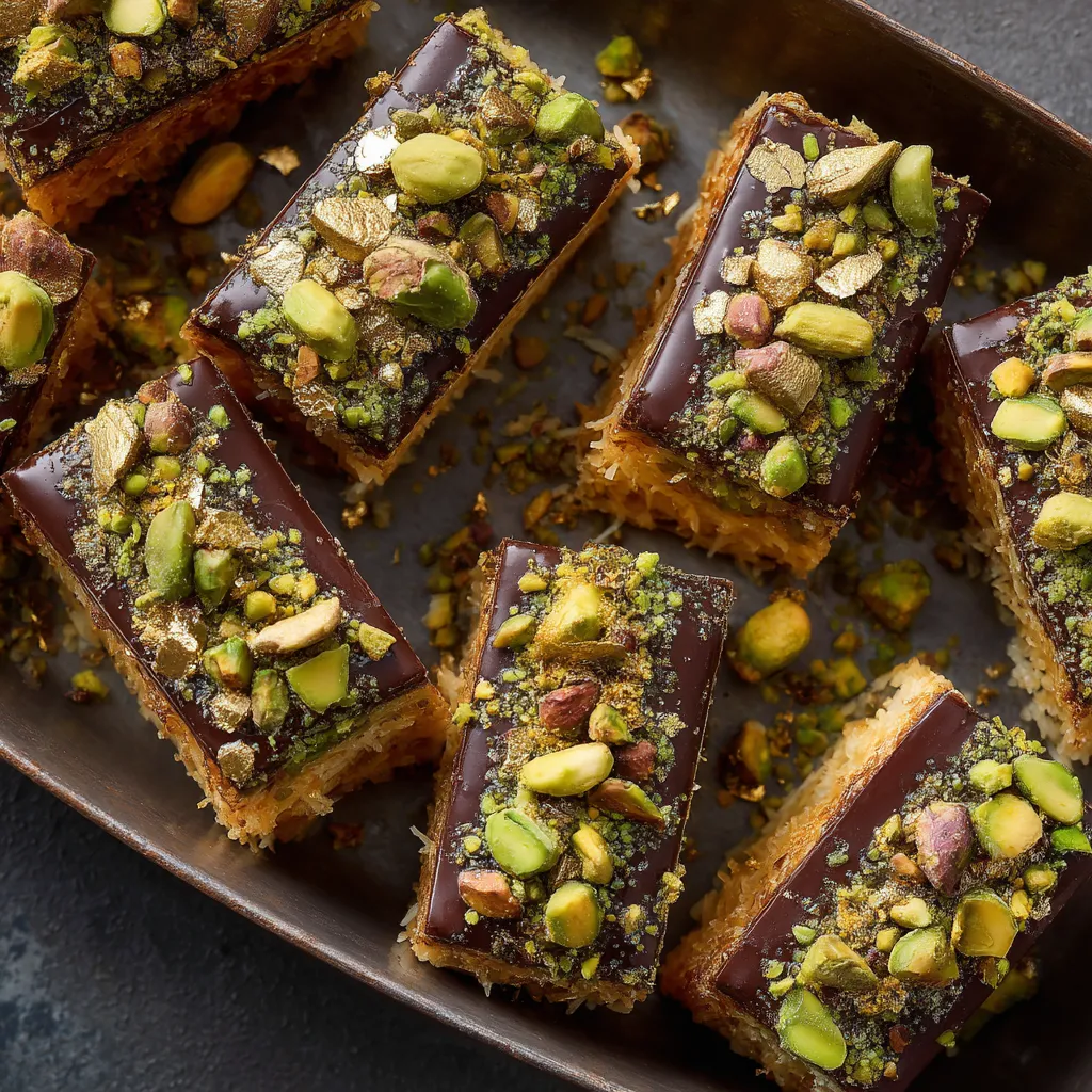 Ein Plate mit verschiedenen Desserts, darunter eine Dubai-Stil Pistachio & Kadaifi Chocolate.