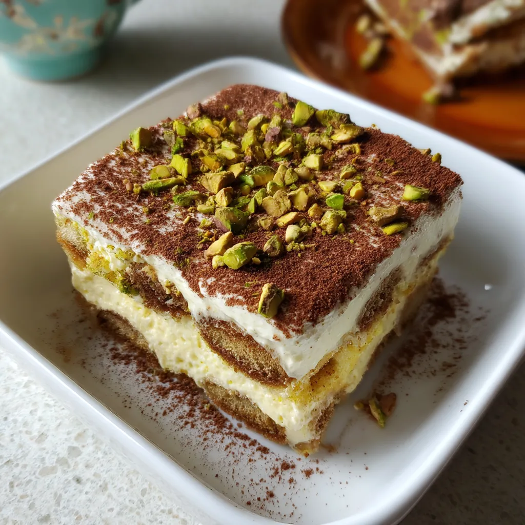 Ein weißer Teller mit Pistachio Tiramisu.