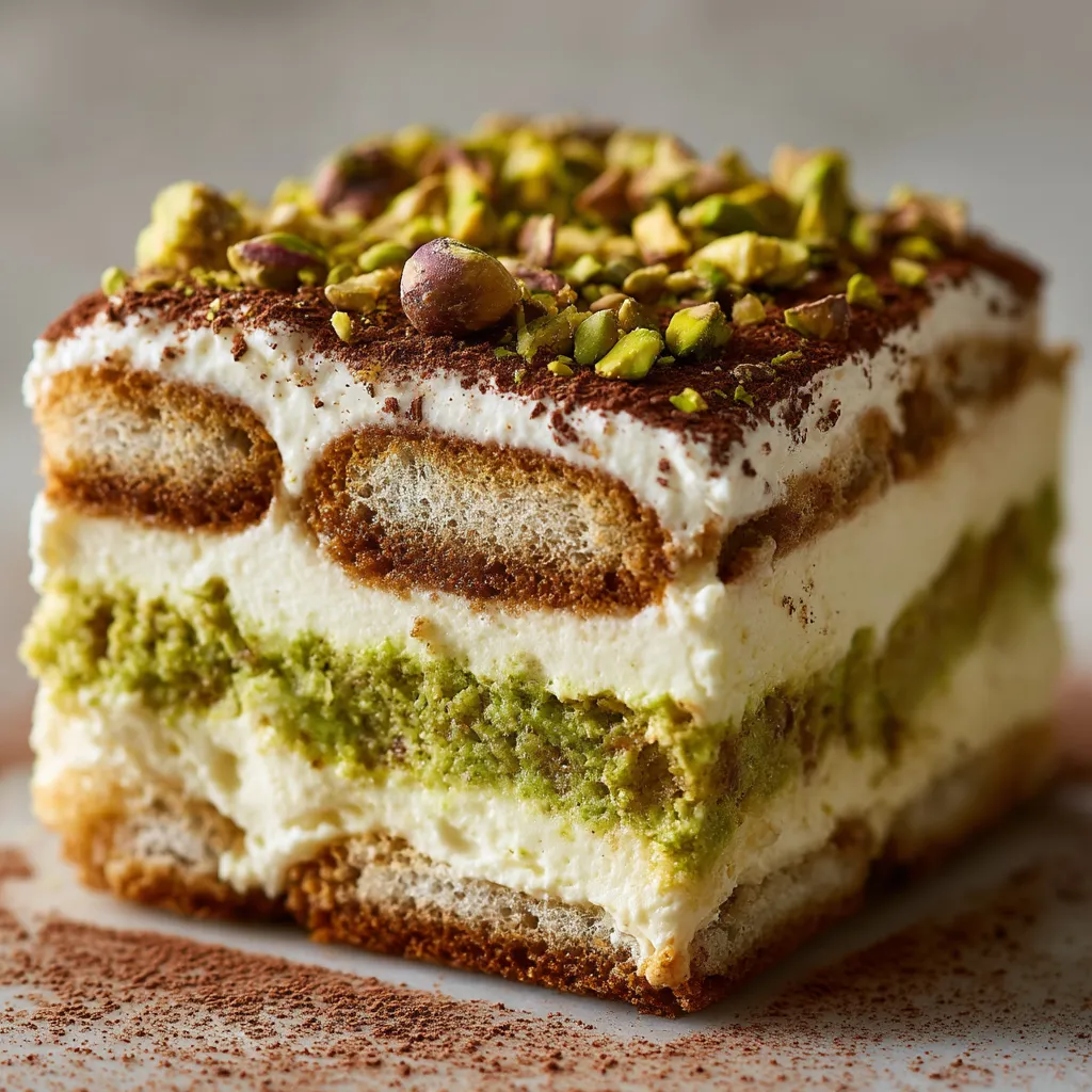 Ein Pistachio Tiramisu mit einer Schicht aus Pistazien, Vanille und Kokosmilch.