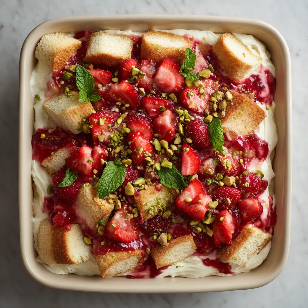 Ein Becher mit Strawberry-Rhubarb Tiramisu, der mit Strawberries, Rhubarb und Toasted Almonds garniert ist.
