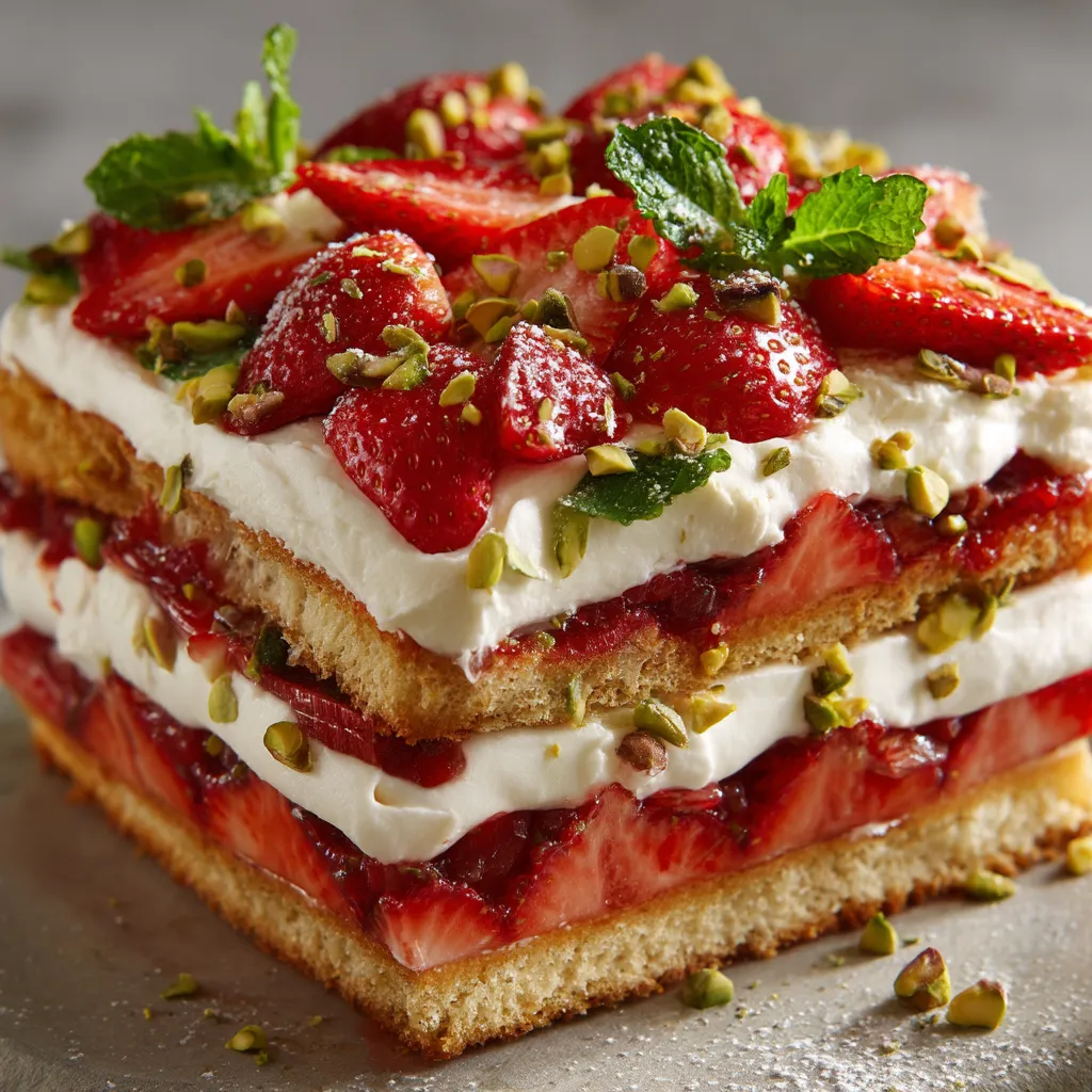 Ein Stück Strawberry-Rhubarb Tiramisu auf einem Teller.