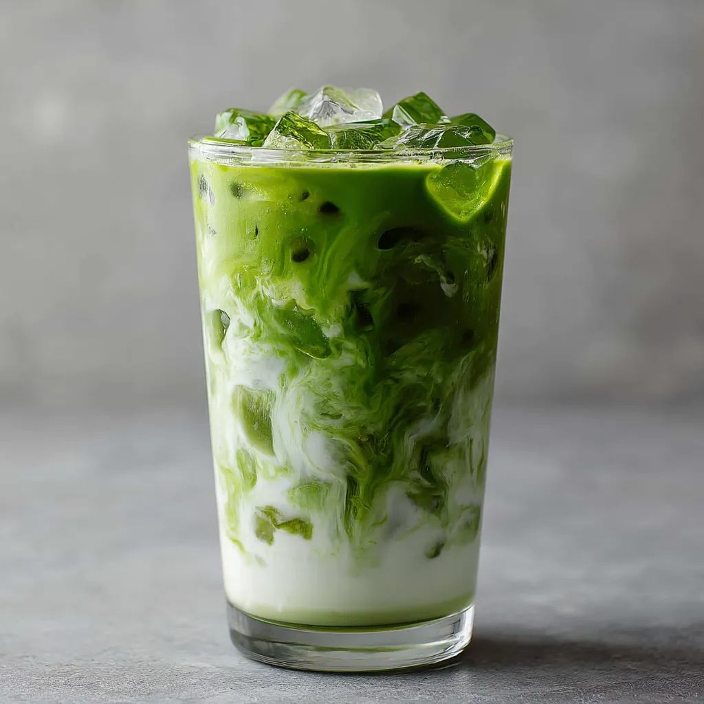 Ein Glas mit Iced Matcha Latte, das mit Eis und Zitronensaft gefüllt ist.
