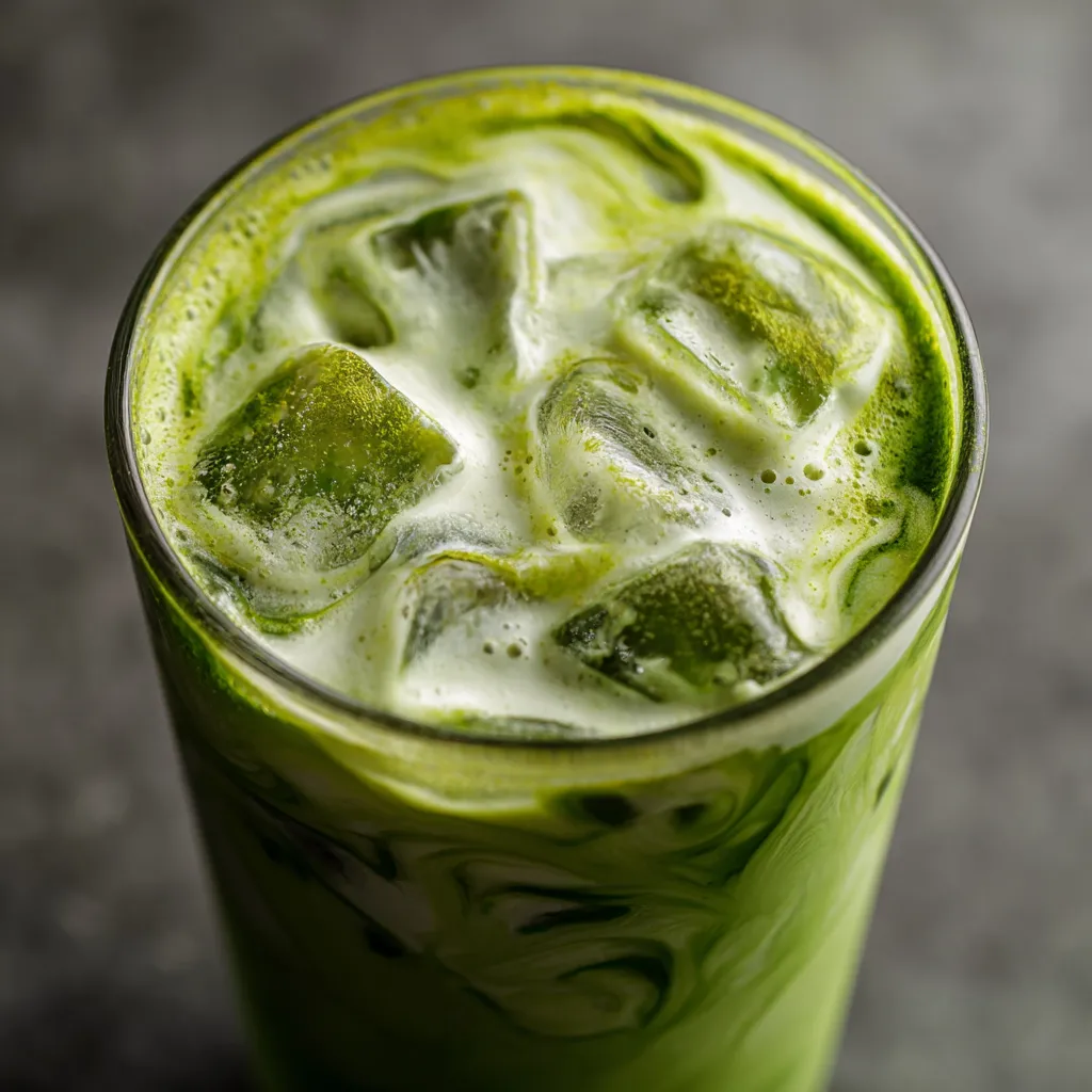 Ein Glas mit Iced Matcha Latte.
