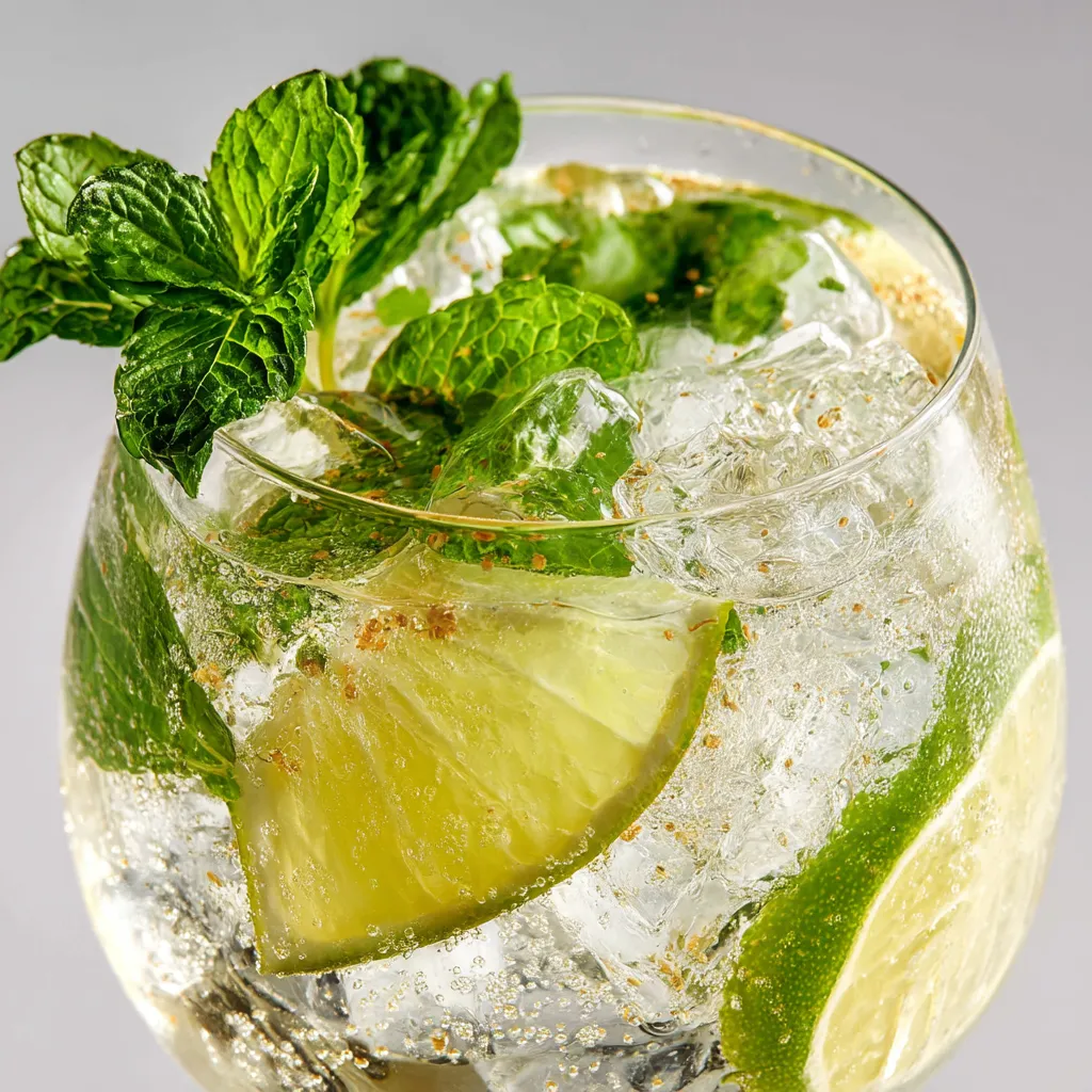 Ein Glas Hugo Spritz mit Zitrone, Mint und Eis.