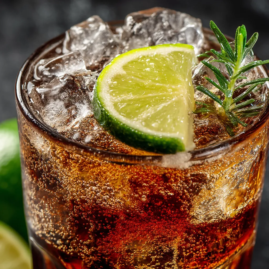 Ein Glas mit einem Espresso Tonic, der mit Eis und Zitrone garniert ist.