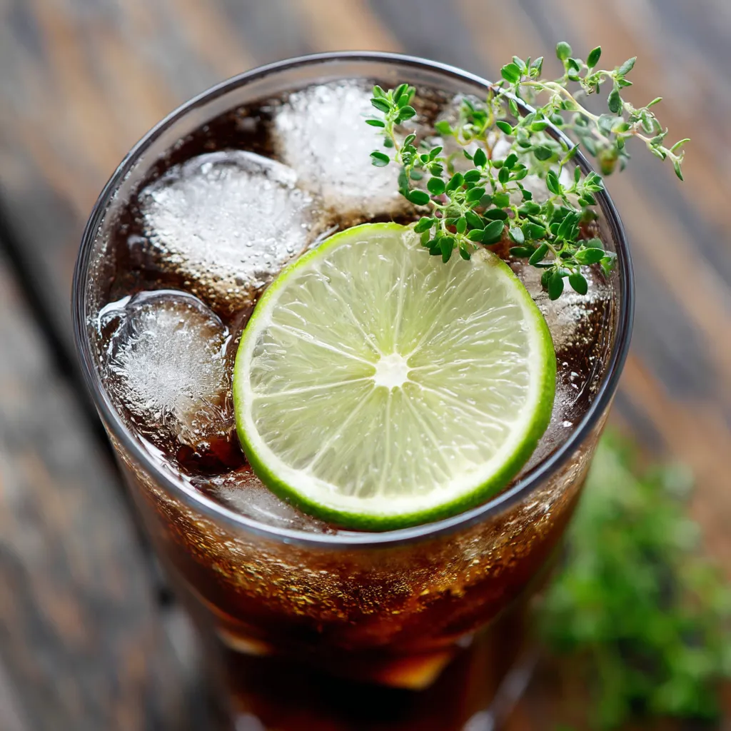 Ein Glas mit Eis und Zitronenrindchen, das eine Espresso Tonic enthält.