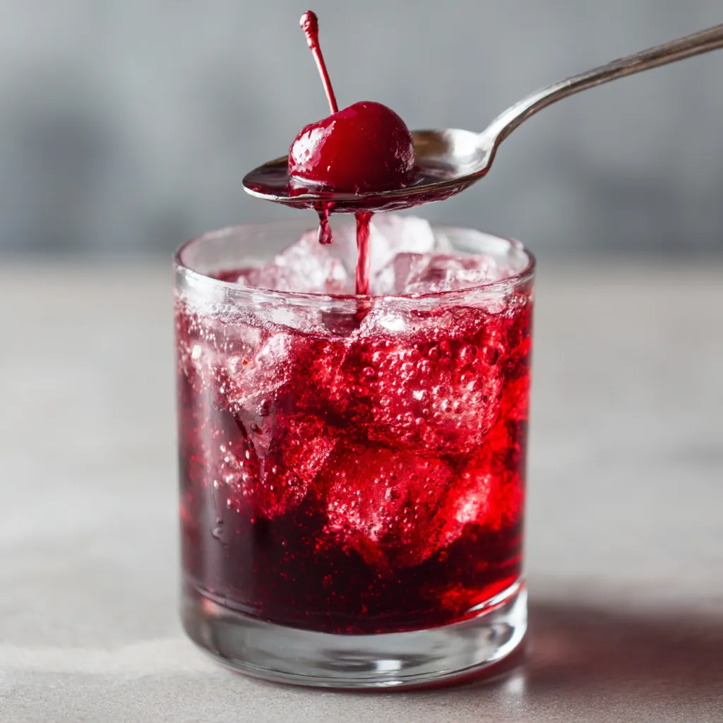 Ein Glas mit einem Sleepy Girl Mocktail, der aus Cherry-Saft, Eis und Alkohol besteht.