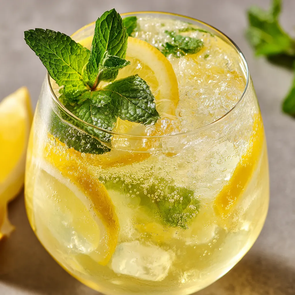 Ein Glas Limoncello Spritz mit Zitronen und Mint.