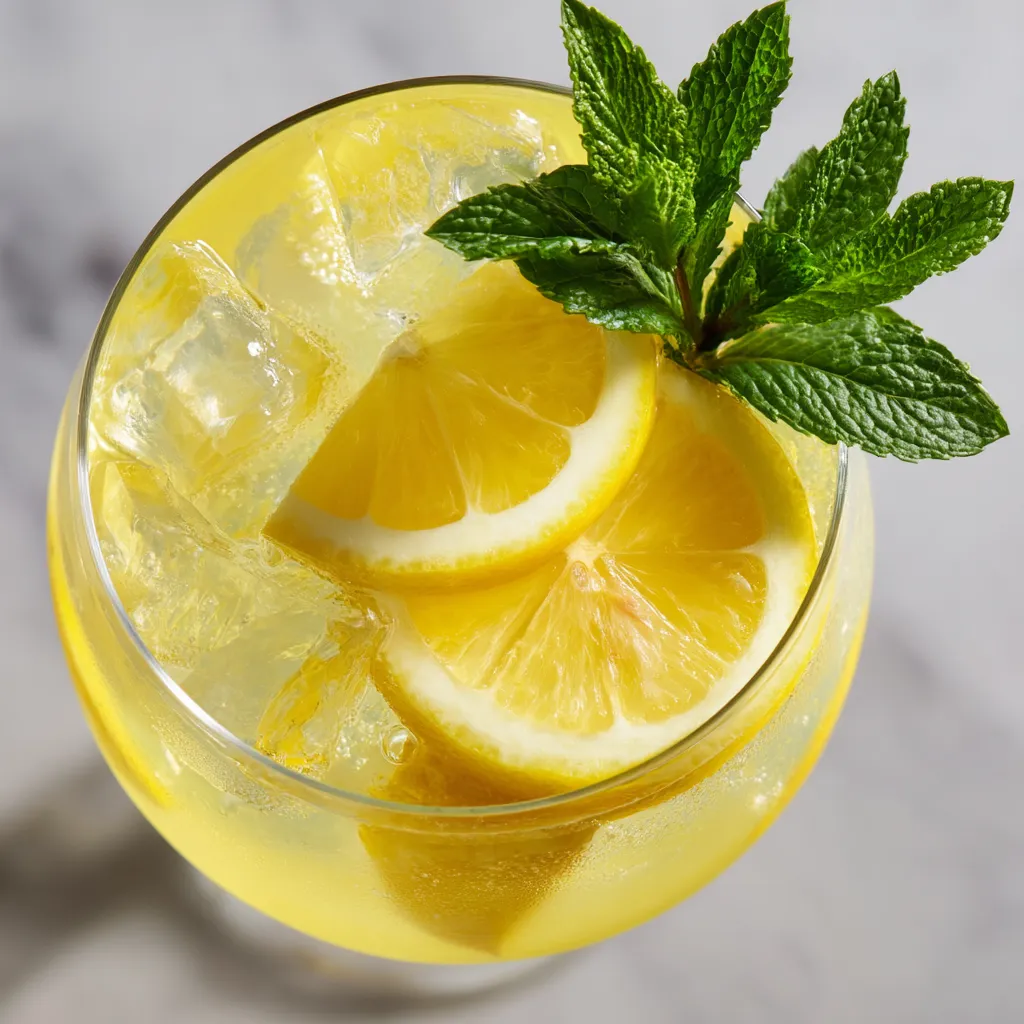 Ein Glas mit Limoncello Spritz, das mit einer Zitrone und einer Mintblatte garniert ist.