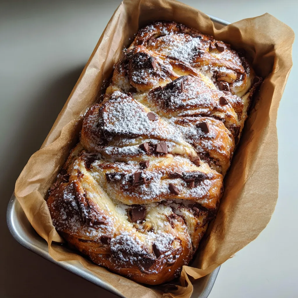 Ein großes Schokobrötchen Pull-Apart Loaf mit Schokoladensplittern auf einer Wäsche.
