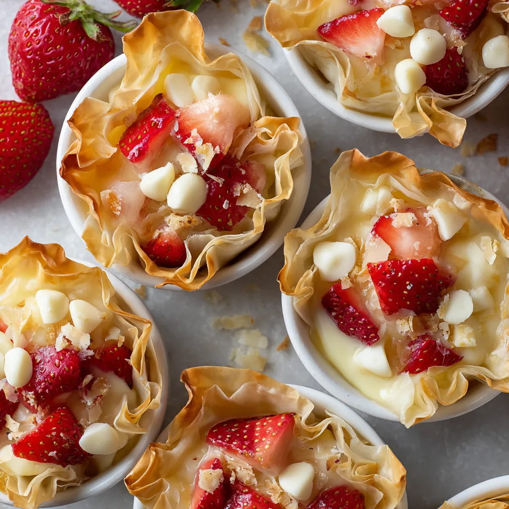 Eine Schüssel mit Strawberry Strudel Cups, die mit weißem Schokoladen und Strawberries gefüllt sind.