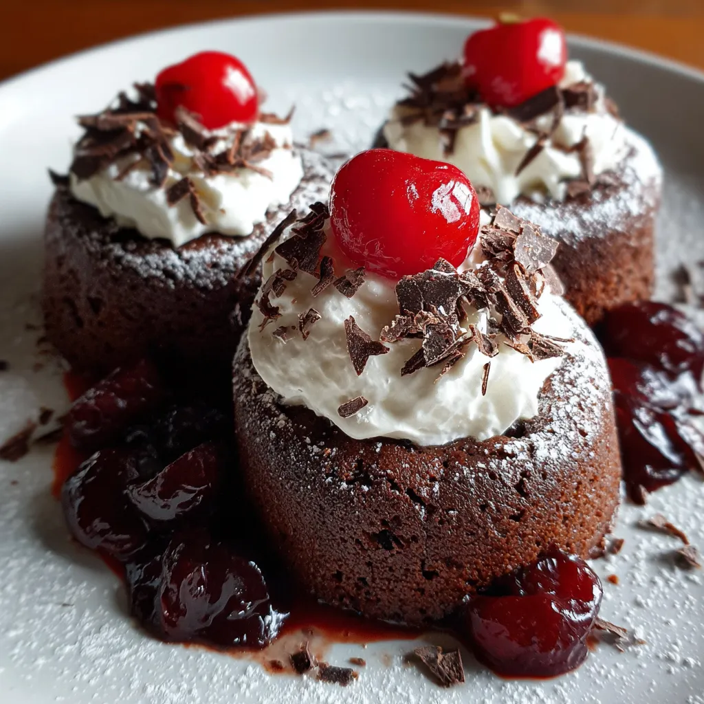 Three black forest cakes with whipped cream and cherries on top.