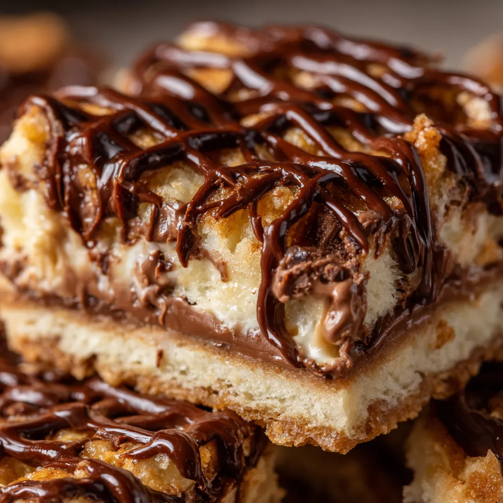 Eine Schokoladen-Drizzle-Bar mit Milchmädchen-Zwischenmischung.