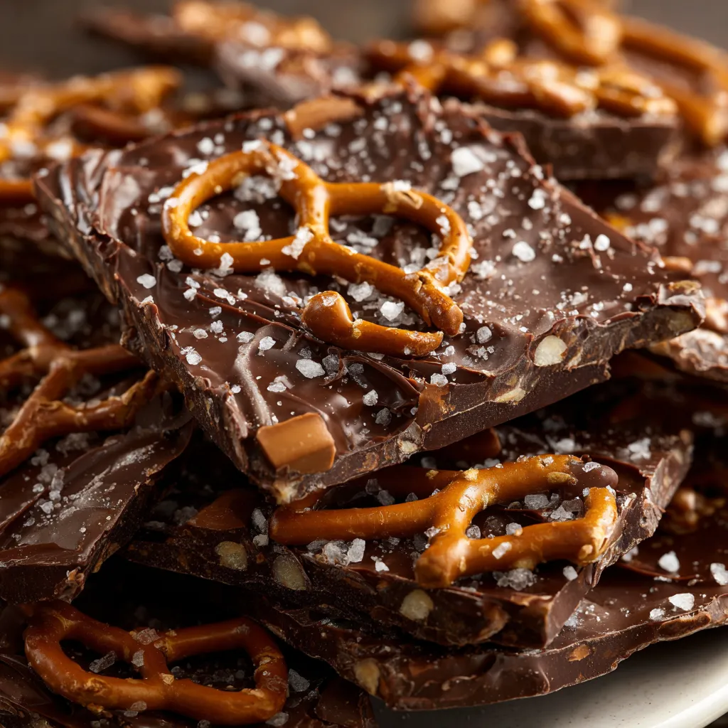 Eine Platte mit Chocolate Pretzel Bark, der aus Schokolade, Pretzels und Gewürzen besteht.
