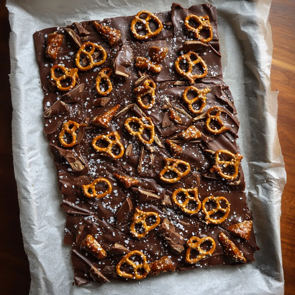 Eine Schokoladen-Pretzel-Bark-Platte mit vielen Pretzels darauf.